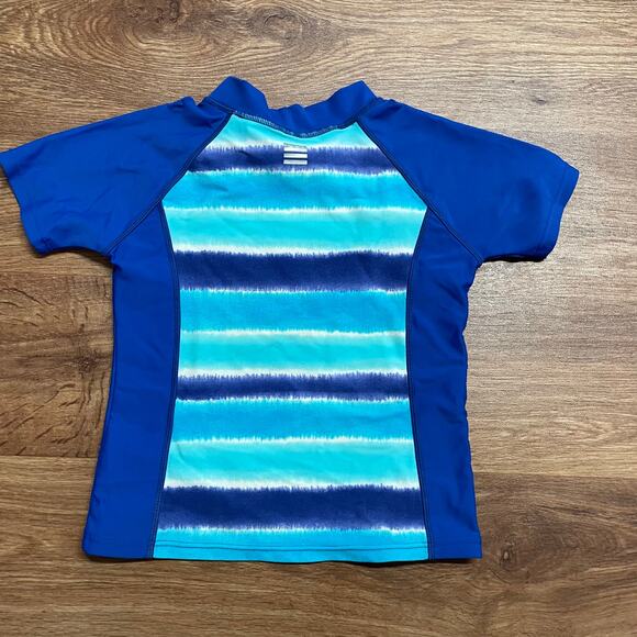 Lands End Blue Teal Girls Short Sleeve Rash Guard Size 4/Small Striped - Picture 2 of 6